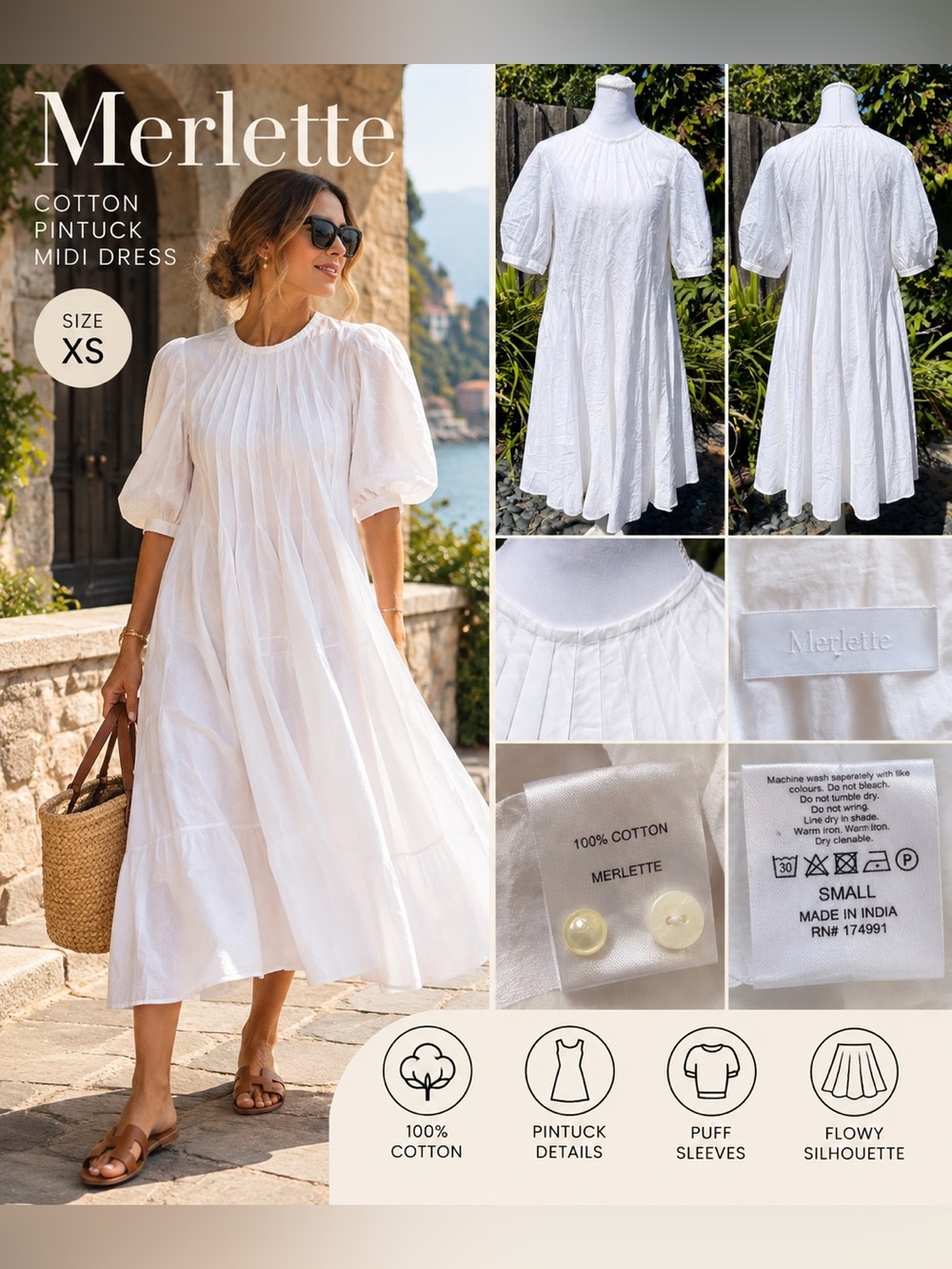 Merlette White Cotton Pintuck Midi Dress XS Puff Sleeve